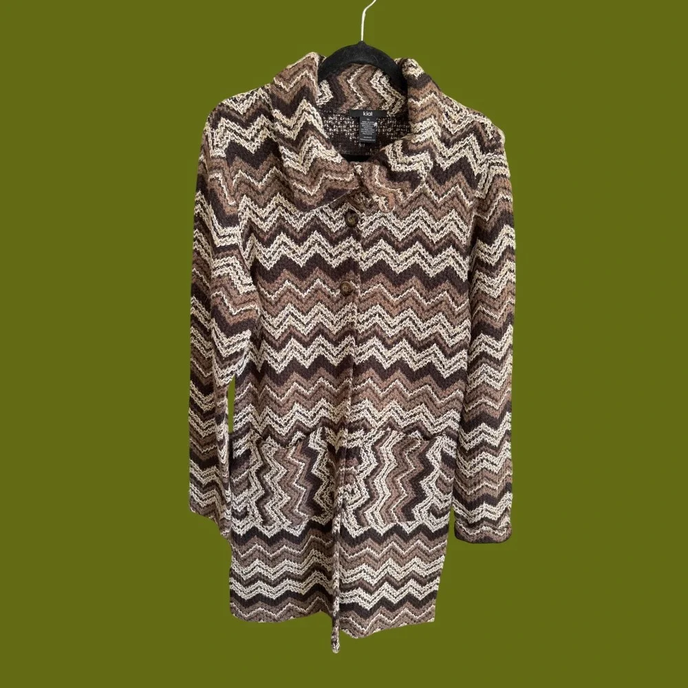 Anthropolgie Kial Chevron Knit Cardigan Sweater XL Brown‎ Zig Zag Wool Longline